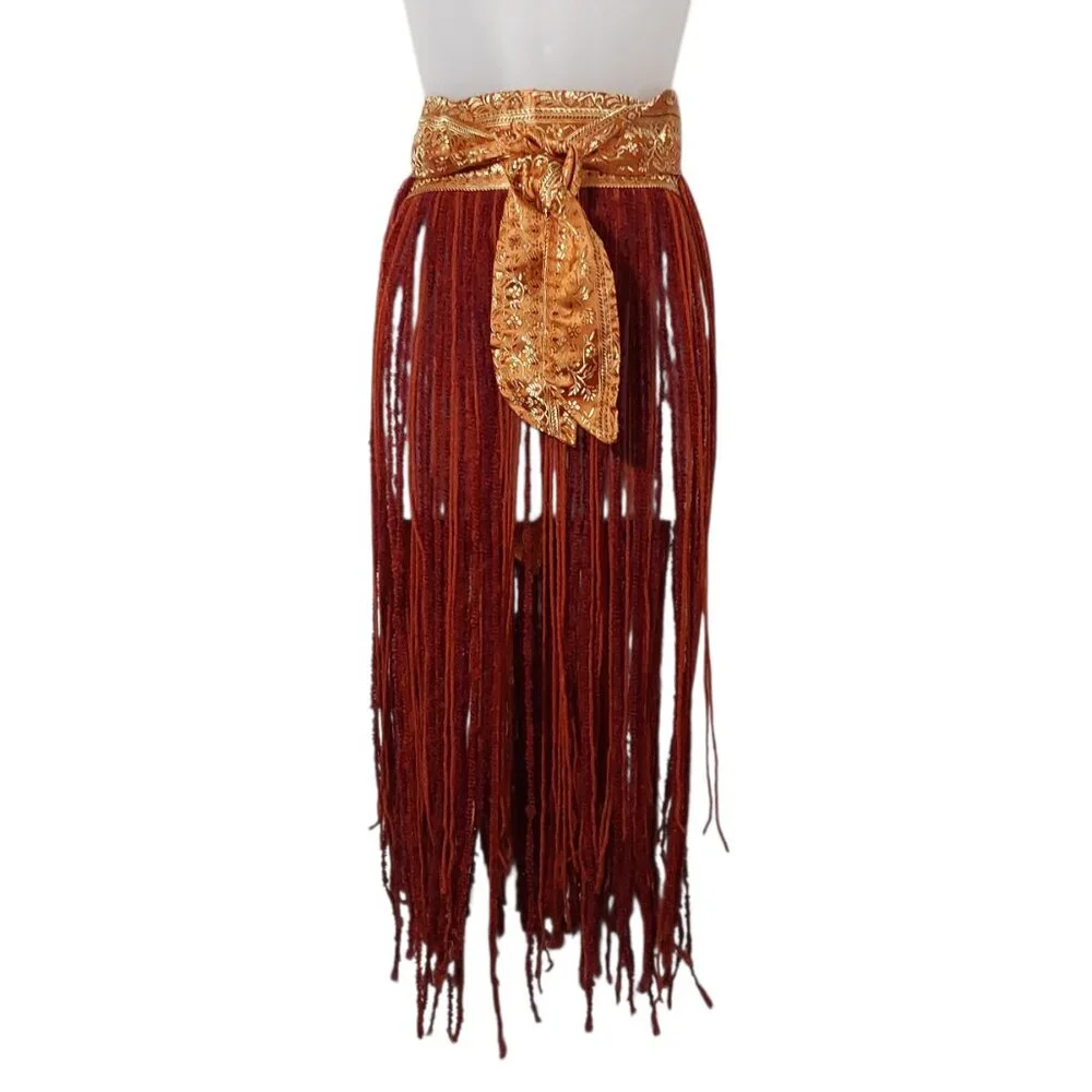 NWOT Handcrafted Tribal Bellydance Two-Panel Skirt Orange Gold Brocade Fringe OS